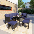 7-Piece Patio Furniture Set, Outdoor Couch with Dining Table & Ottomans, PE Rattan Sofa Set with Cushions for Deck, Yard, Poolside (Blue)