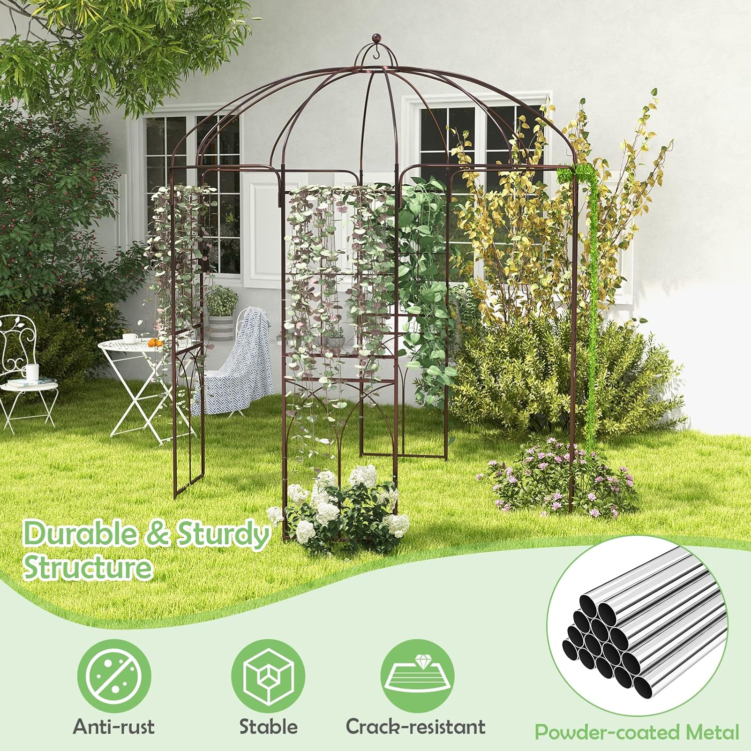 HAPPYGRILL Birdcage Shape Garden Arbor, 7 x 8.4 ft Heavy Duty Metal Garden Gazebo Pergola with Trellis, Garden Arch Trellis for for Climbing Plants Wedding Party Decor Outdoor Arch Pavilion for Lawn