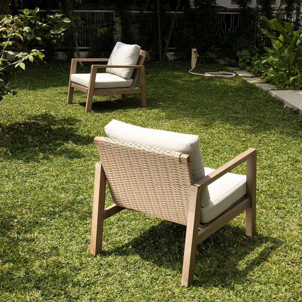 IDZO Olivier Premium Eucalyptus Outdoor Club Chairs Set of 2, 400lbs Heavy Duty Patio Furniture Set, Ergonomic Slanted Backrest Design, 4.5in Thick Cushion, Wood Wicker Silver Gray