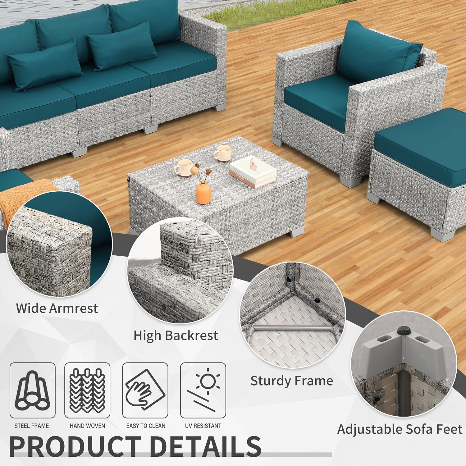 WAROOM Patio Furniture Set 6 Piece PE Rattan Outdoor Conversation Sets Grey Wicker Couch Sectional Sofa with Storage Coffee Table and Peacock Blue Cushion