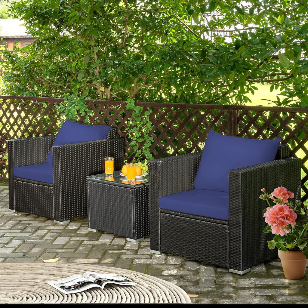COSTWAY 3-Piece Outdoor Patio Furniture Set, Cushioned Armchairs and Tempered Glass Coffee Table, Wicker Rattan Sofa Set for Garden, Balcony, Backyard (Navy)