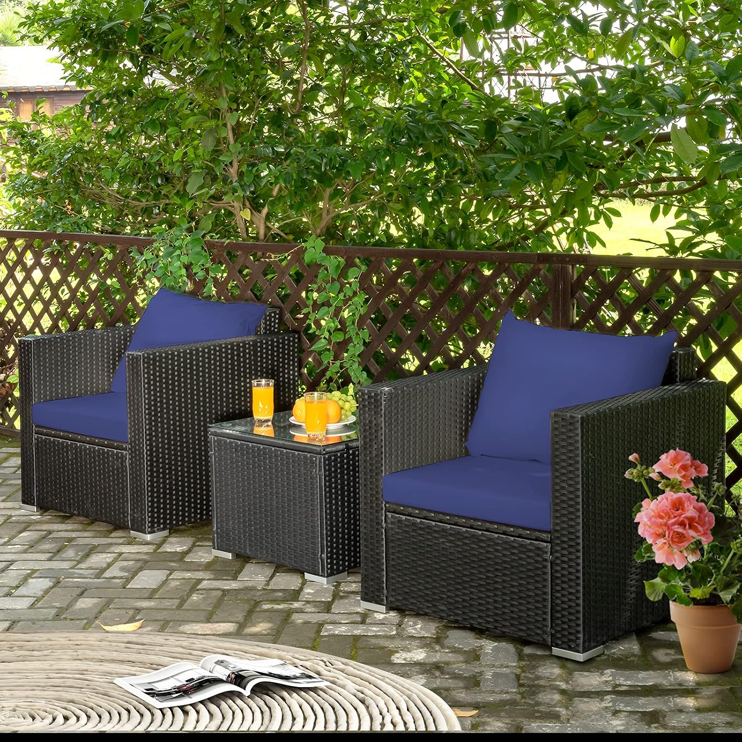COSTWAY 3-Piece Outdoor Patio Furniture Set, Cushioned Armchairs and Tempered Glass Coffee Table, Wicker Rattan Sofa Set for Garden, Balcony, Backyard (Navy)