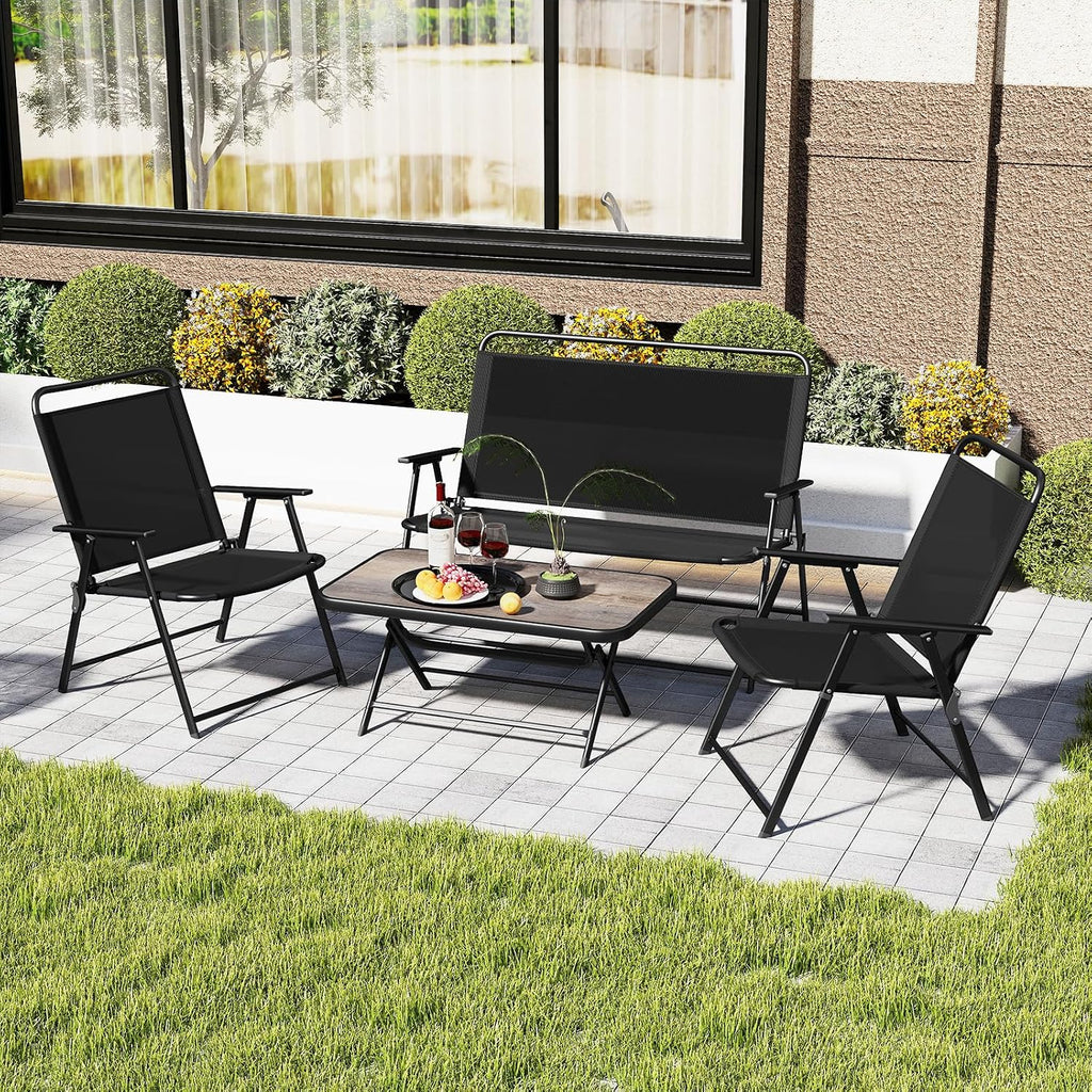 Tangkula 4 Piece Folding Patio Furniture Set, Metal Chair & Table Set with Breathable Fabric Seat, Outdoor Sectional Conversation Set with 2 Patio Chairs, Loveseat, Coffee Table for Yard Porch Deck