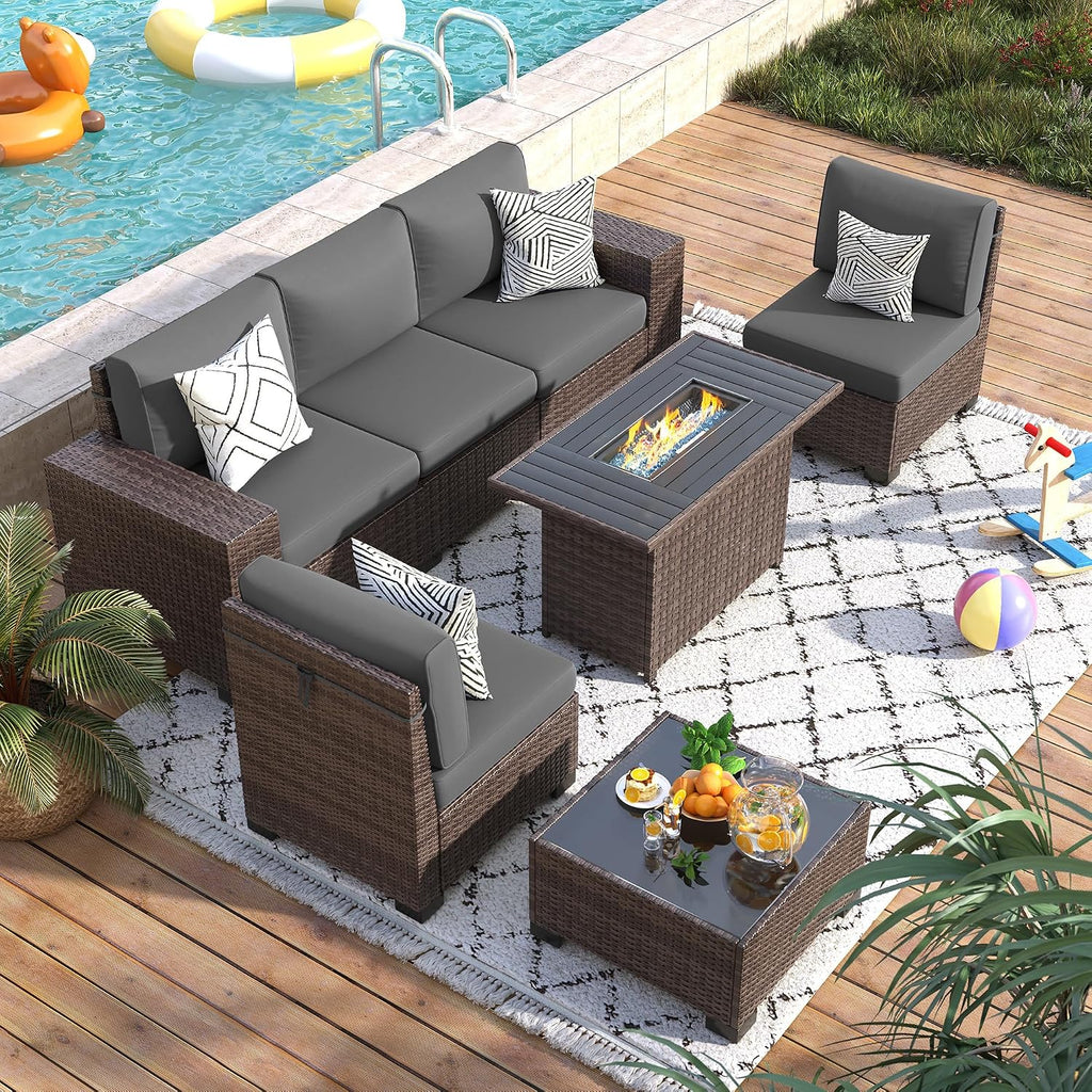Patio Furniture Set with Fire Pit Table, 7 Piece Outdoor Sectional Conversation Sets Wicker Rattan Sectional Sofa with Coffee Table for Patio Garden Backyard, 4'' Thickened Cushion Dark Grey