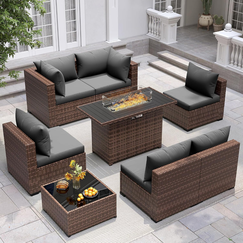 UDPATIO Furniture Set with Fire Pit Table, 8 Piece Sectional Sofas, All-Weather Wicker Conversation for Garden, Backyard, Dark Grey