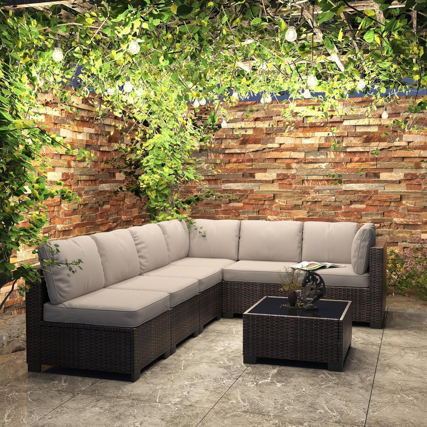 Garvee 7 Pieces Outdoor Patio Furniture Set, Rattan Wicker Sofa Set with Soft Cushions and Coffee Table, All-Weather Outdoor Furniture for Garden, Porch, Poolside, Brown&Beige