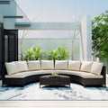 Merax 5-Piece Outdoor Sectional Sofa Set, All-Weather PE Wicker Patio Furniture with Tempered Glass Table, Half-Moon Conversation Set for Garden, Deck, Backyard Living Area,Beige