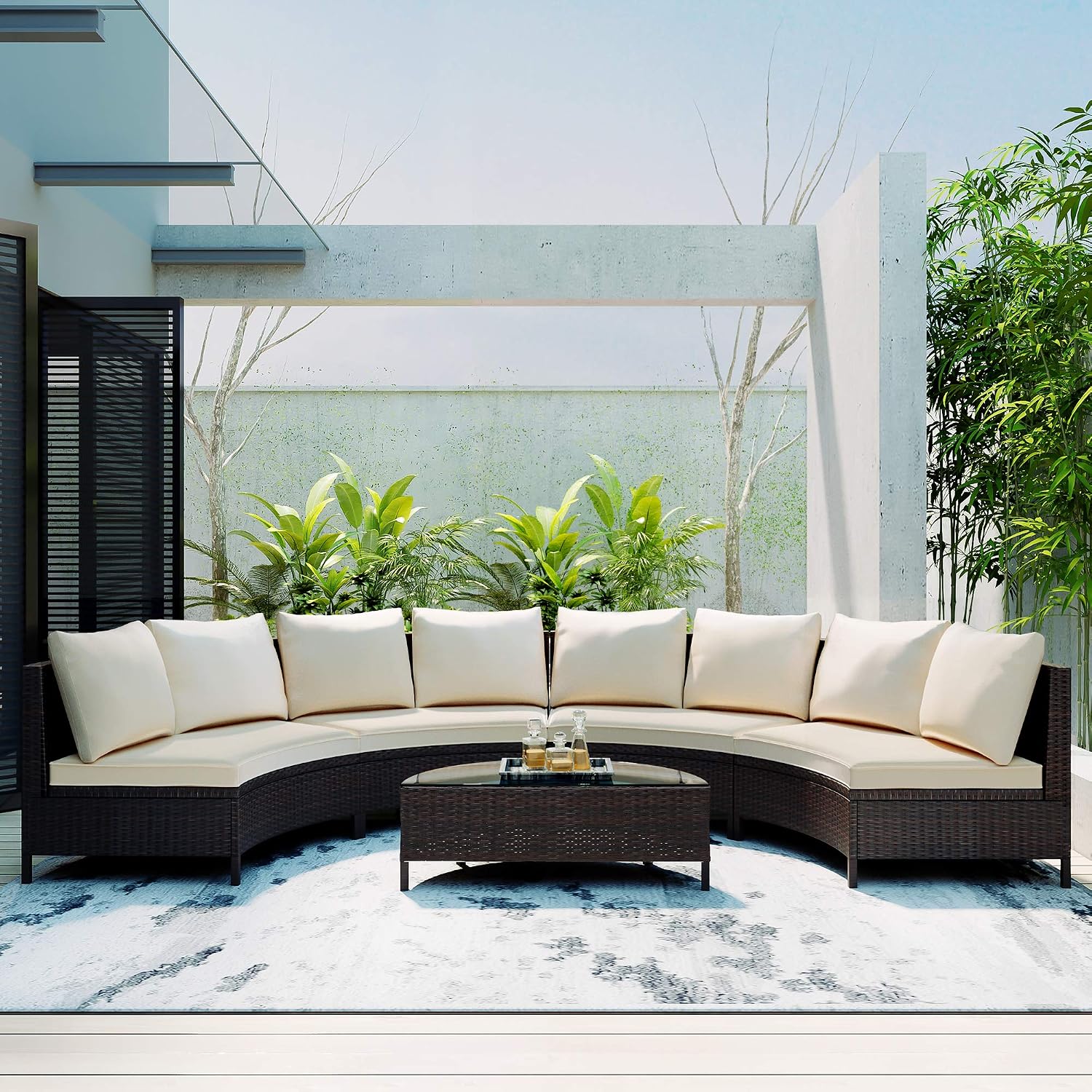 Merax 5-Piece Outdoor Sectional Sofa Set, All-Weather PE Wicker Patio Furniture with Tempered Glass Table, Half-Moon Conversation Set for Garden, Deck, Backyard Living Area,Beige