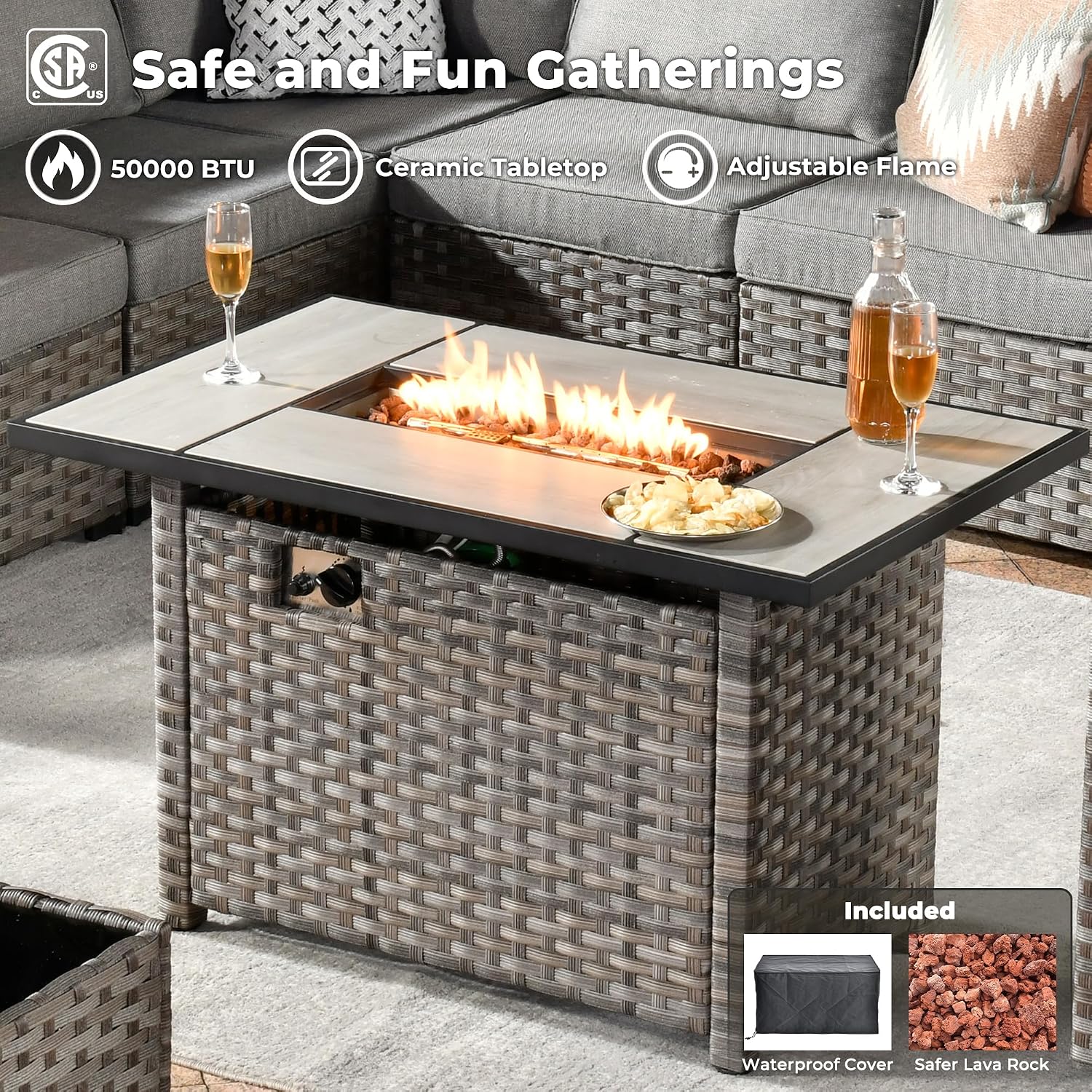 ovios 9 Pieces Patio Furniture Set, Outdoor Wicker Sectional Sofa with 42' Fire Pit Table Swivel Chair, Modern Modular Deep Seat Rattan Couch Conversation Sets, Dark Grey