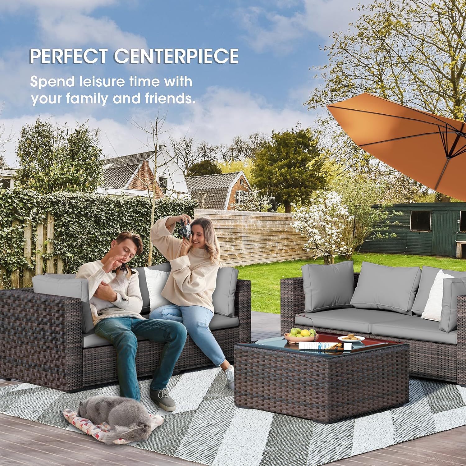 3 Piece Patio Furniture Set All Weather PE Rattan Outdoor Sectional Sofa Couch with No-Slip Cushions and Glass Top Table for Garden, Poolside, Backyard (Gray)