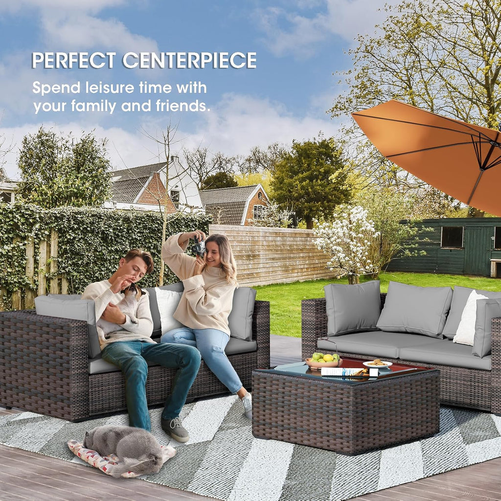 3 Piece Patio Furniture Set All Weather PE Rattan Outdoor Sectional Sofa Couch with No-Slip Cushions and Glass Top Table for Garden, Poolside, Backyard (Gray)