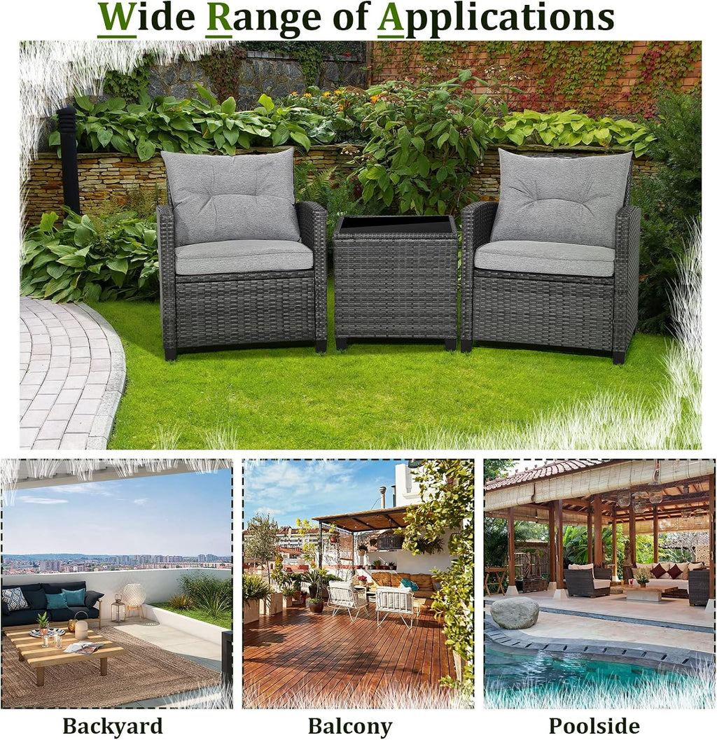 RELAX4LIFE Wicker Patio Furniture Sets - 3 Pieces Rattan Sofa Set, Outdoor Conversation Set with Tempered Glass Tabletop, Heavy-Duty Steel Frame, Wicker Chair Set for Poolside, Backyard, Grey