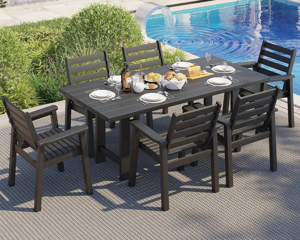 AMERLIFE 7-Piece HDPE Outdoor Dining Table Set with 6 Chairs, 71' L Patio Dining Furniture Set with Umbrella Hole, Modern Dinner Table & Chairs Set for Garden, Backyard, Poolside, Black