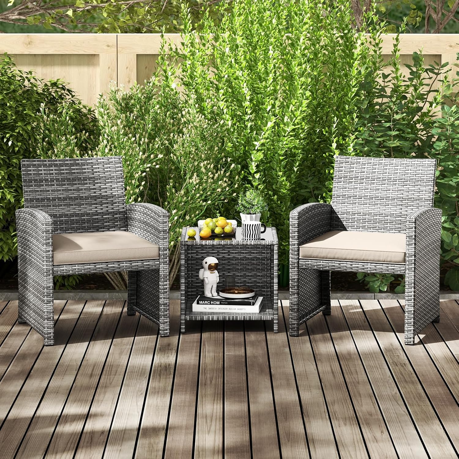Tangkula 3 Pieces Patio Furniture Set, PE Rattan Outdoor Chairs with Tempered Glass Coffee Table & Soft Seat Cushions, Patio Bistro Set, Outdoor Conversation Set for Porch, Backyard Poolside (White)