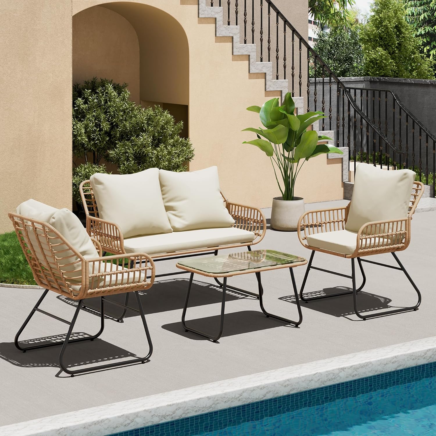 LEX CRAFT 4-Piece Outdoor Patio Furniture Set with Cushions & Tempered Glass Table, All-Weather Rattan Bistro Set with Loveseat Chairs Table Soft Cushions for Garden, Porch, Backyard (Yellow)