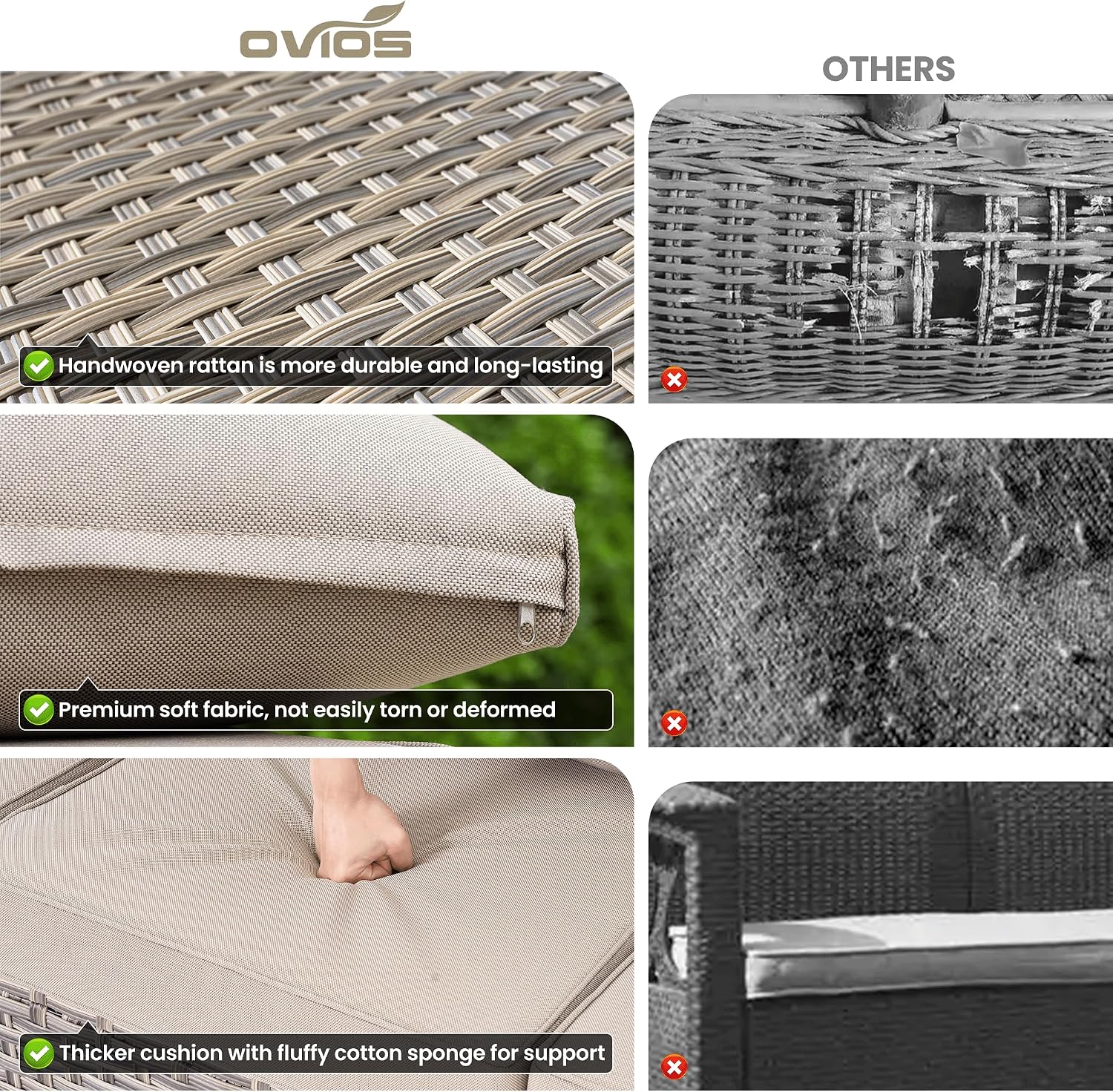 ovios 4-Piece Patio Furniture Set with L-Shape Sofa Chaise, Outdoor Sectional Couch Comfy Cushions, Modern Modular Wicker Rattan Conversation Set, Beige