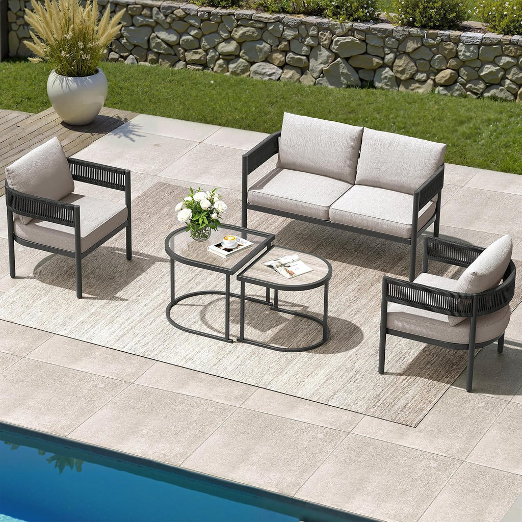 Grand patio 5-Piece Outdoor Furniture Set, 4 Seats Wicker Sofa Conversation Set with Thick Cushions and Coffee Table, for Backyard, Balcony, Garden (Beige)