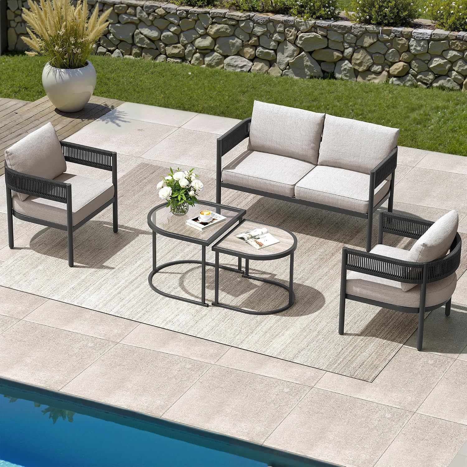 Grand patio 5-Piece Outdoor Furniture Set, 4 Seats Wicker Sofa Conversation Set with Thick Cushions and Coffee Table, for Backyard, Balcony, Garden (Beige)