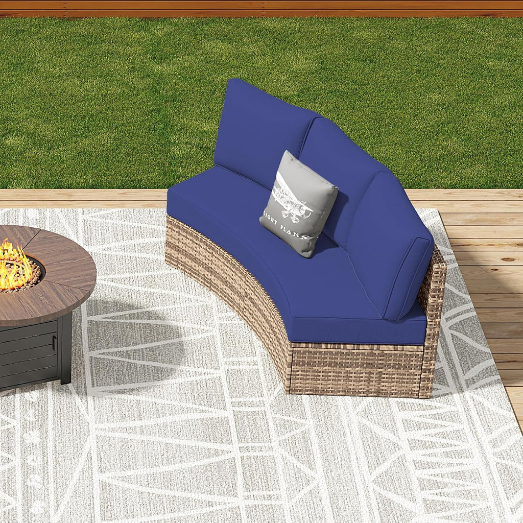 LUXOAK 3-Piece Wicker Patio Furniture Set, Waterproof Half-Moon Sectional Sofa with Cushions, Rattan Outdoor Conversation Set for Garden, Pool, Beach & Balcony, Blue