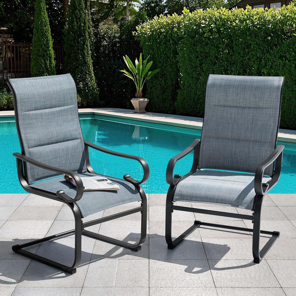 NUU GARDEN Set of 2 Padded Textilene Patio Dining Chairs C Spring Outdoor Chairs with Curved Armrests Powder Coated Metal Frame Patio Furniture for Garden Backyard Poolside Lawn Blue and Black