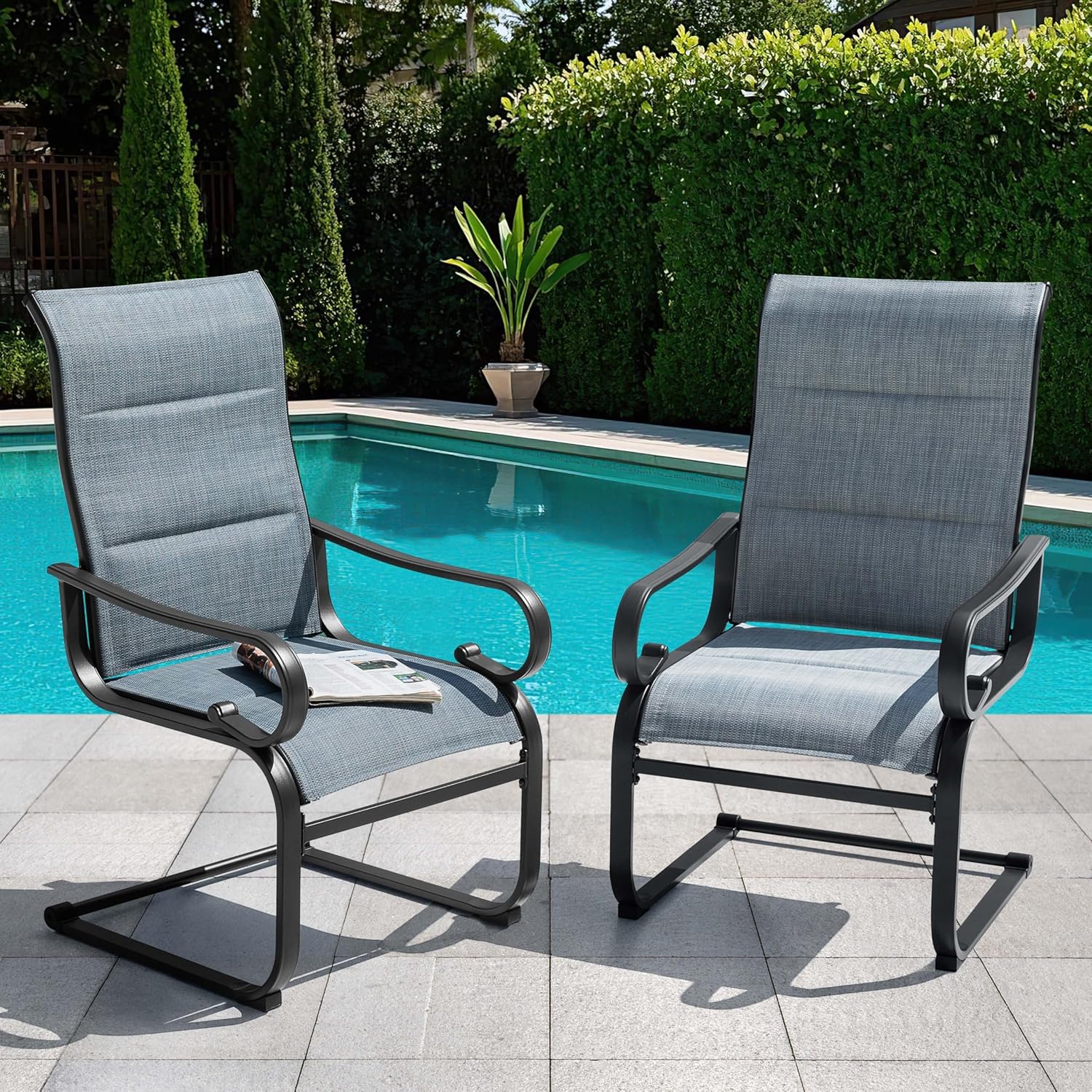 NUU GARDEN Set of 2 Padded Textilene Patio Dining Chairs C Spring Outdoor Chairs with Curved Armrests Powder Coated Metal Frame Patio Furniture for Garden Backyard Poolside Lawn Blue and Black