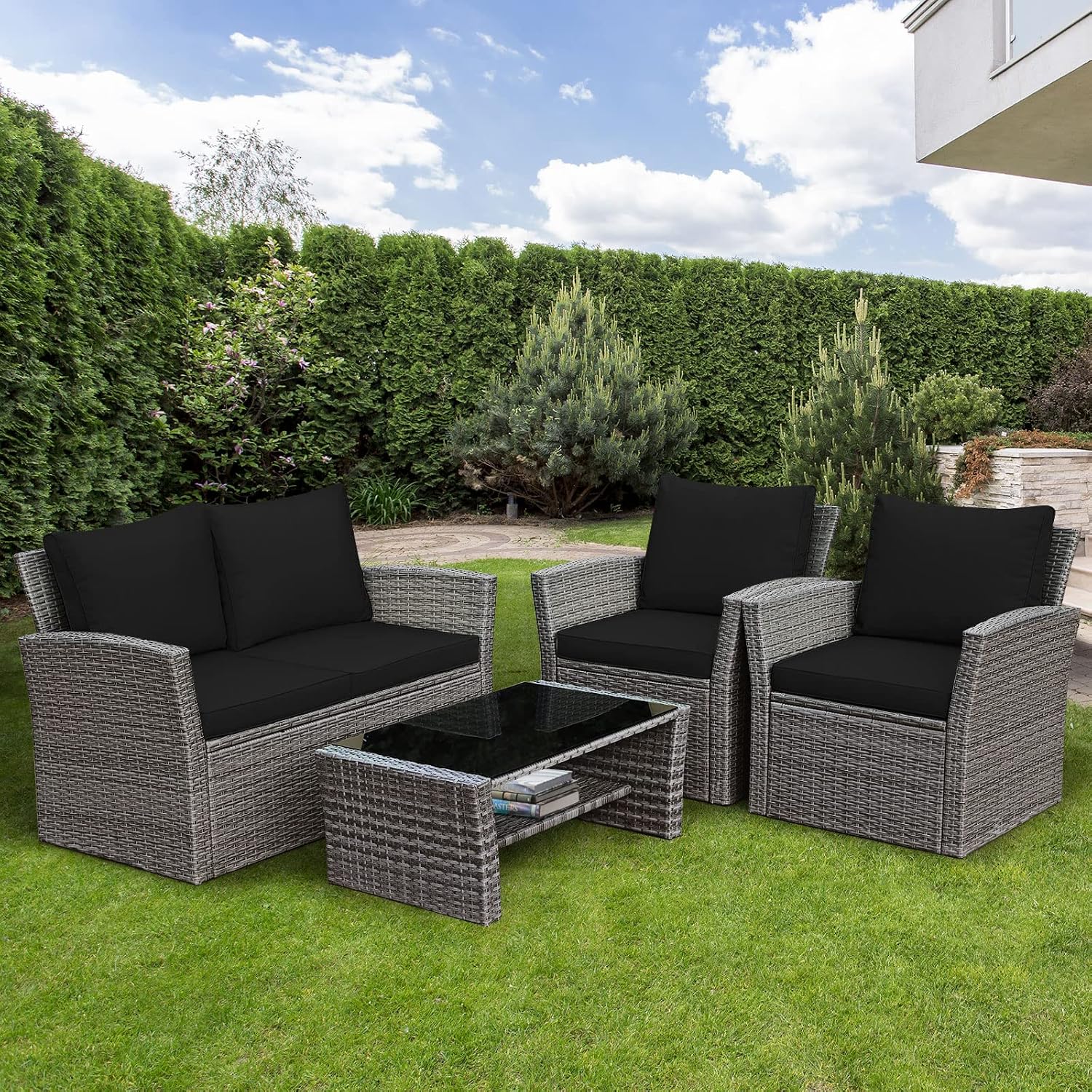 COSTWAY 4 Pieces Patio Rattan Furniture Set, Outdoor Wicker Sofa Set with Tempered Glass Coffee Table, Cushions, All Weather Rattan Conversation Set for Yard Balcony Backyard Pool (Black)