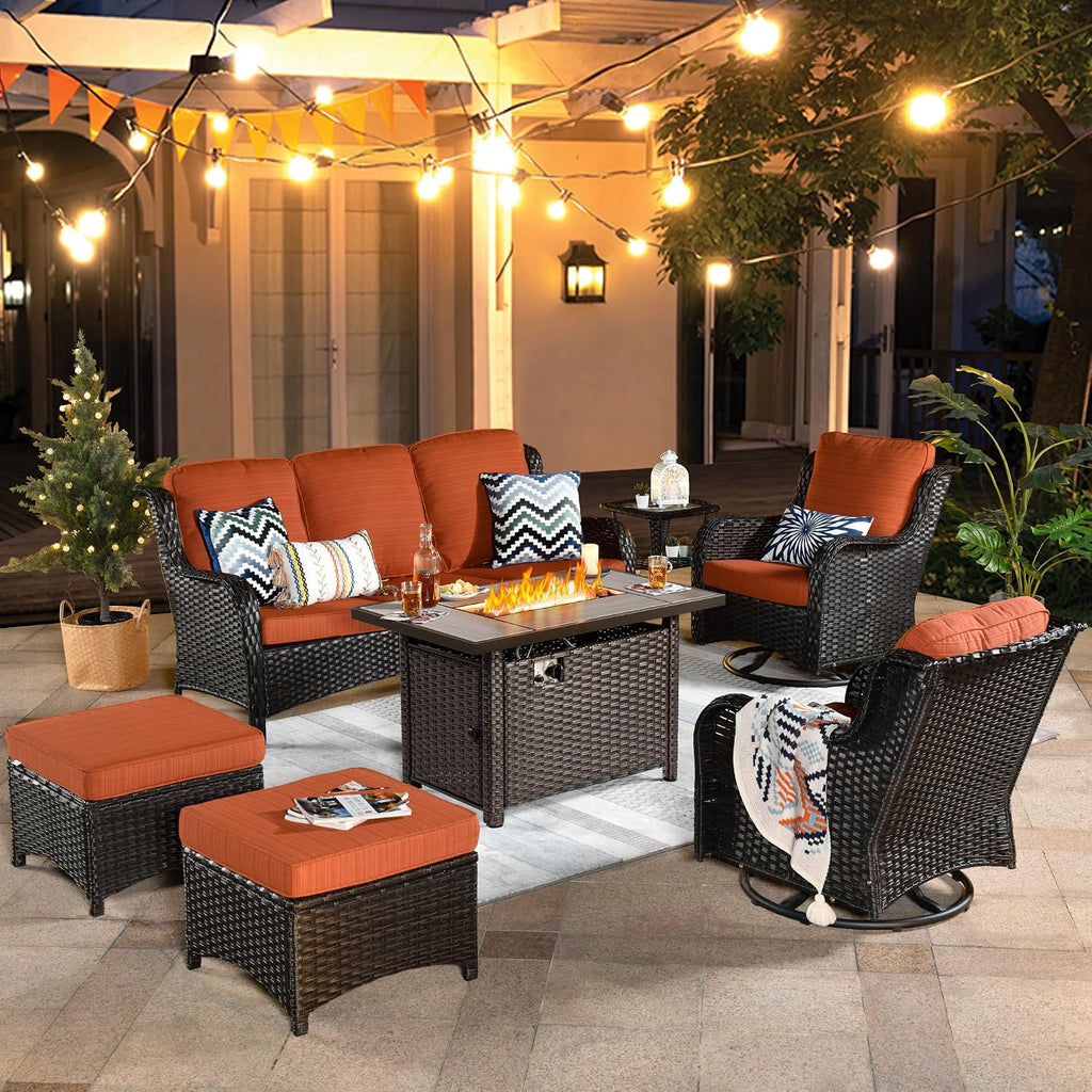 ovios 7-Pieces Patio Furniture Set with 42' Fire Pit Table Swivel Chairs, Outdoor Wicker Sofa Couch Gliders Rocker, High Back Modern Conversation Set, Brown Rattan, Orange Red
