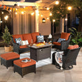 ovios 7-Pieces Patio Furniture Set with 42' Fire Pit Table Swivel Chairs, Outdoor Wicker Sofa Couch Gliders Rocker, High Back Modern Conversation Set, Brown Rattan, Orange Red