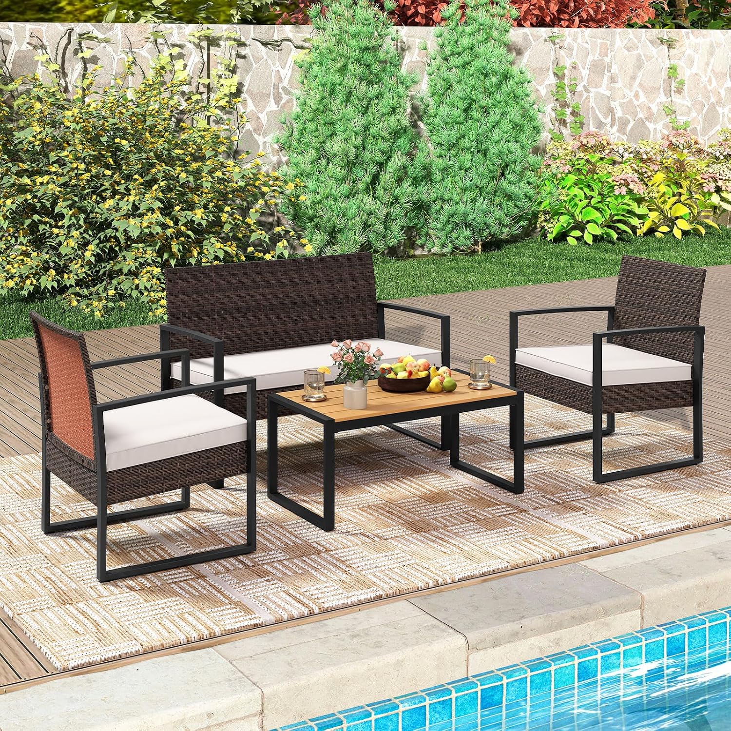 Tangkula 4 Pieces Patio Furniture Set, Outdoor Rattan Conversation Set w/Cushioned Chairs & Wood Plastic Coffee Table, Wicker Sectional Seating Furniture for Backyard, Poolside, Porch (Off White,1)