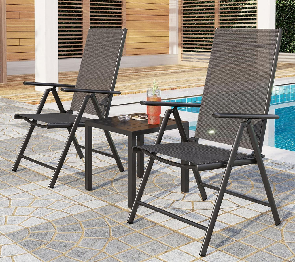 PHI VILLA 3 pcs Patio Bistro Set, Outdoor Bistro Furniture Set with 2 Reclining Folding Sling Chair & 1 Small Metal Square Side Table