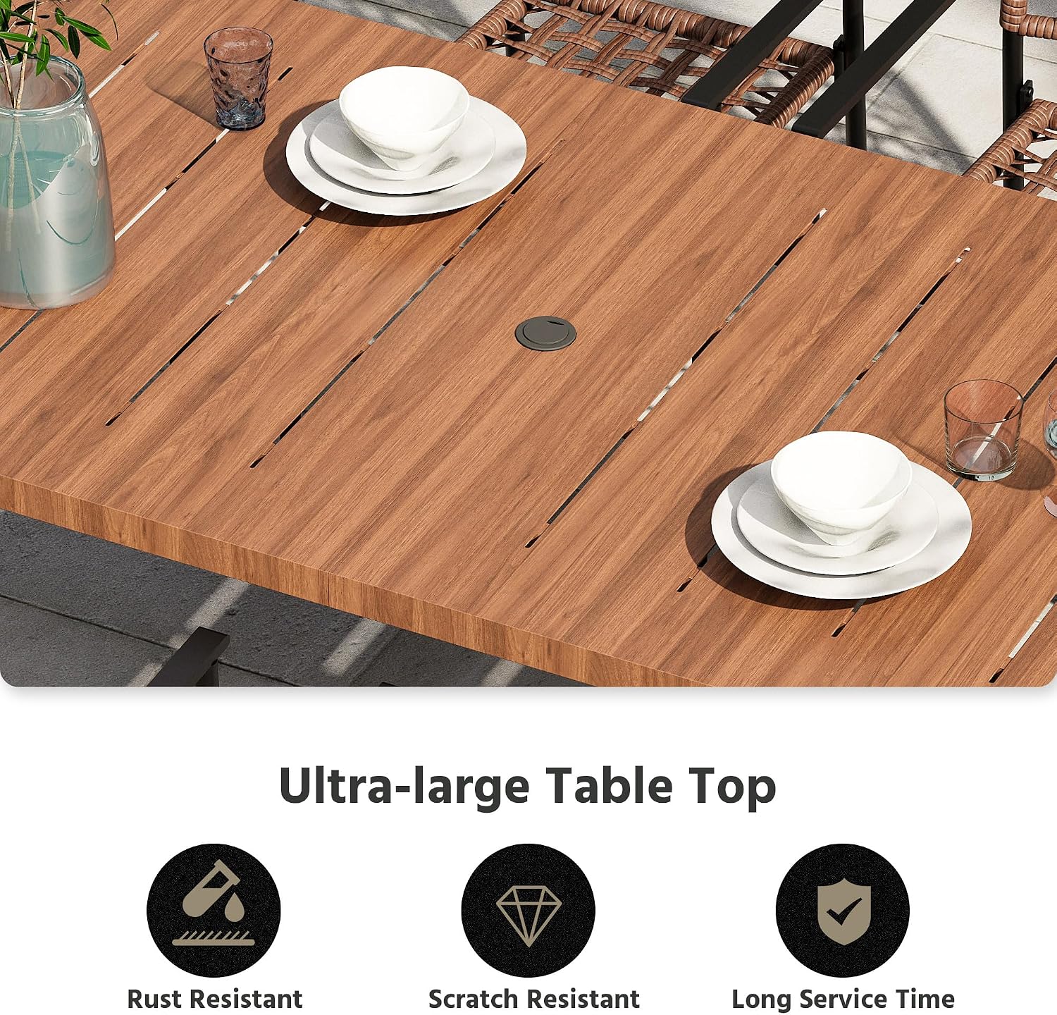 LAUSAINT HOME Outdoor Patio Dining Set 7 Pieces, Outdoor Rattan Dining Table and Chairs Set with Metal Table and Umbrella Hole, Patio Furniture Sets for Garden Backyard Deck Balcony