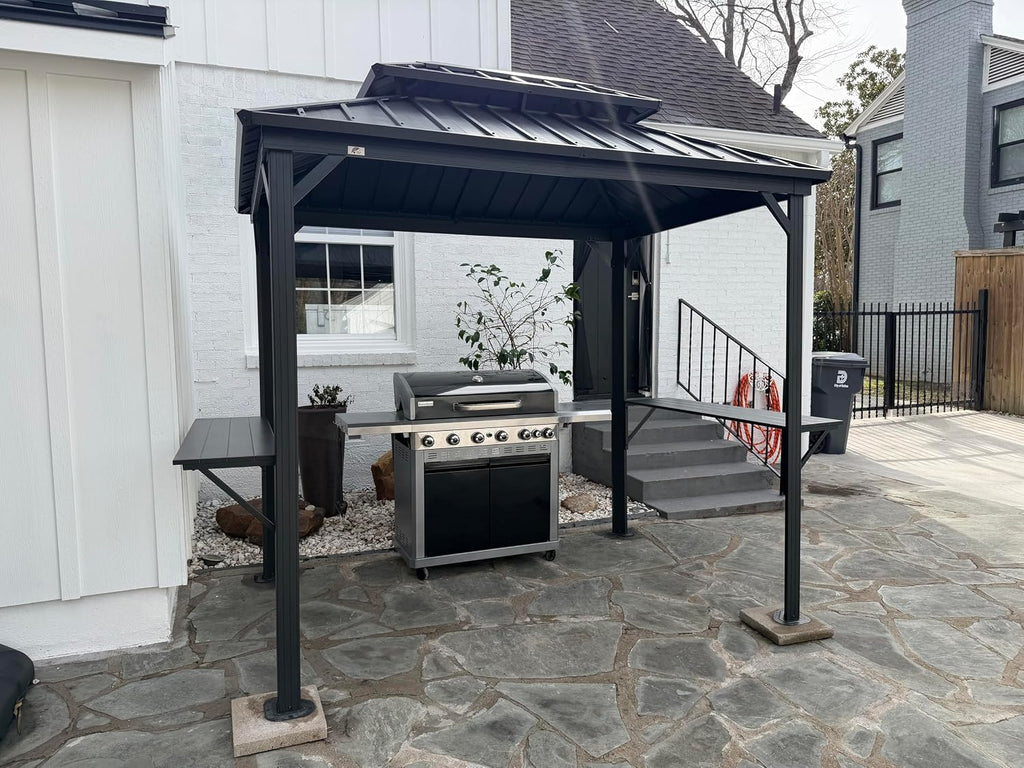 PURPLE LEAF 6' X 8' Hardtop Grill Gazebo for Patio Permanent Aluminum Barbeque Shelter Canopy with Ceiling Hook and Shelves Double Tiered Grey Outdoor BBQ Gazebo