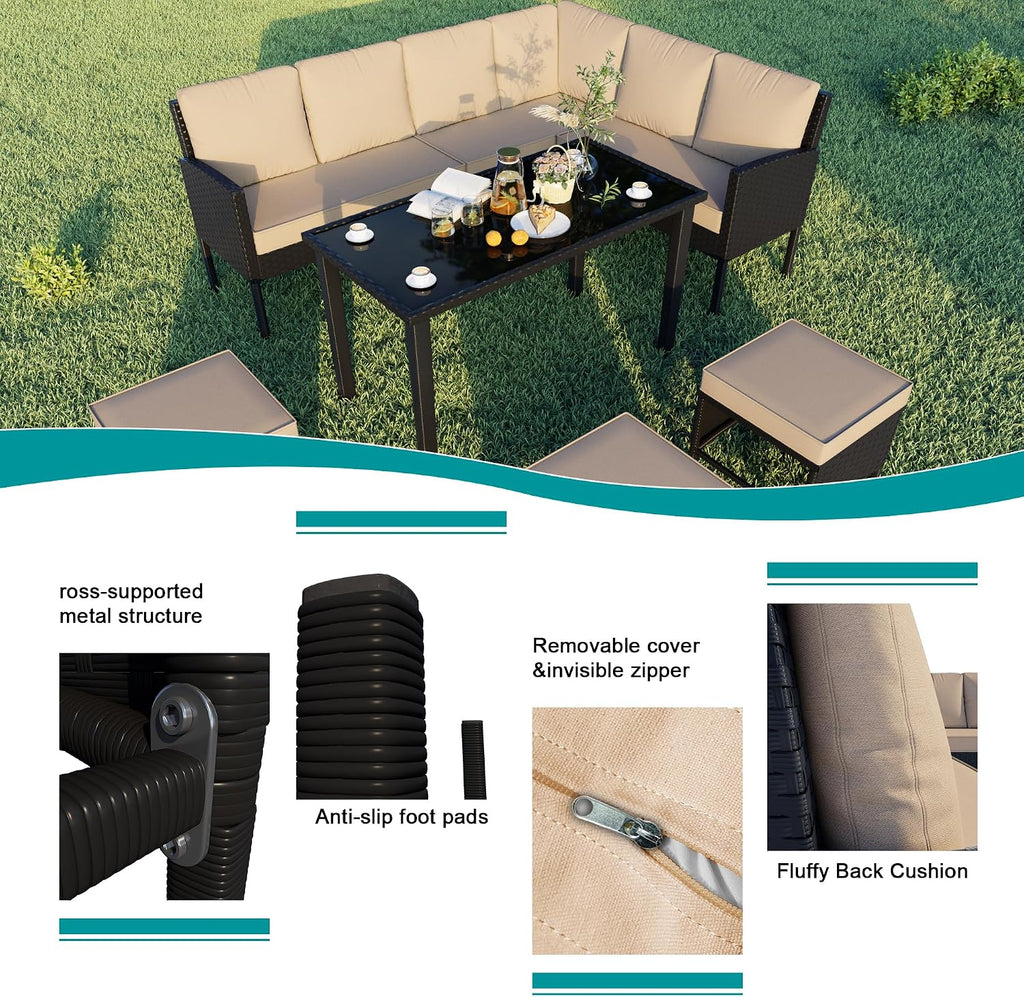 7 Pieces Patio Conversation Set, Outdoor Furniture Sectional with Throw Pillows and Anti-Slip Cushions, PE Rattan Sofa Set with Dining Table & Ottomans, Khaki