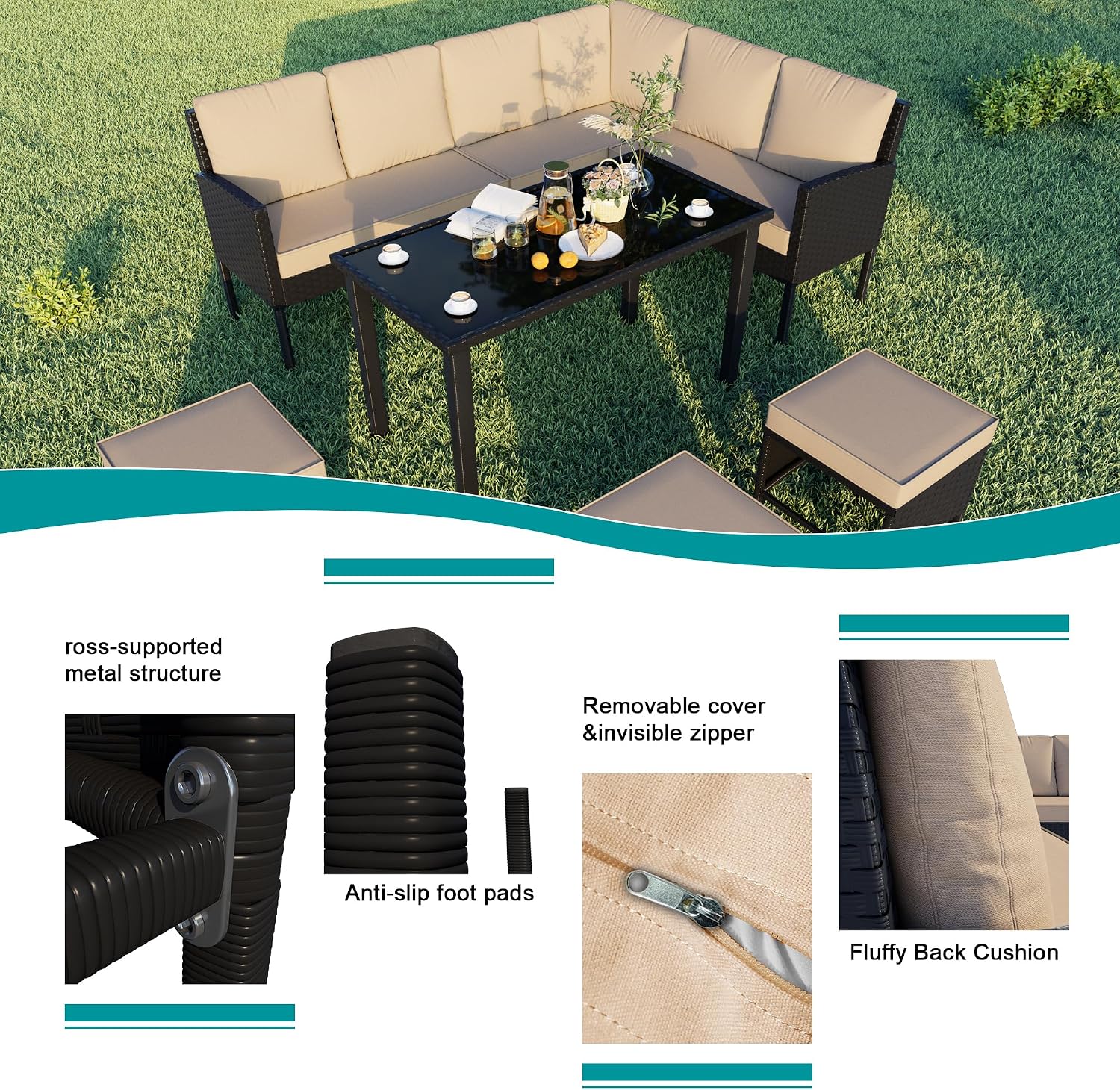 7 Pieces Patio Conversation Set, Outdoor Furniture Sectional with Throw Pillows and Anti-Slip Cushions, PE Rattan Sofa Set with Dining Table & Ottomans, Khaki