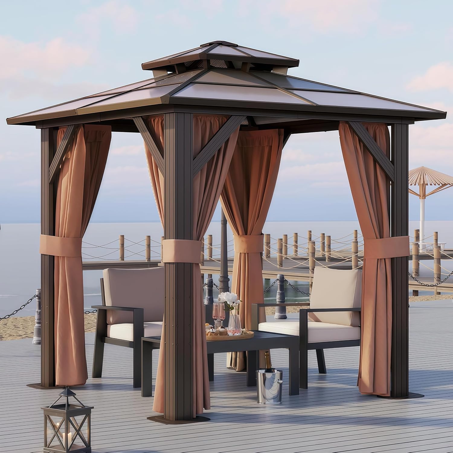 Aoxun 8'x 8' Hardtop Gazebo, Outdoor Polycarbonate Double Top Canopy, Aluminum Frame Gazebo with Netting and Curtains, Sunshade for Gardens, Patios, Lawns, Brown