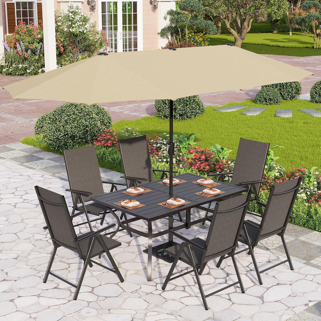 PHI VILLA 7 Piece Patio Dining Furniture Set with Umbrella, Outdoor Table and Chairs for 6, Foldable Patio Dining Chairs (Black) with Adjustable Backrest & Metal Dining Table for Garden, Deck