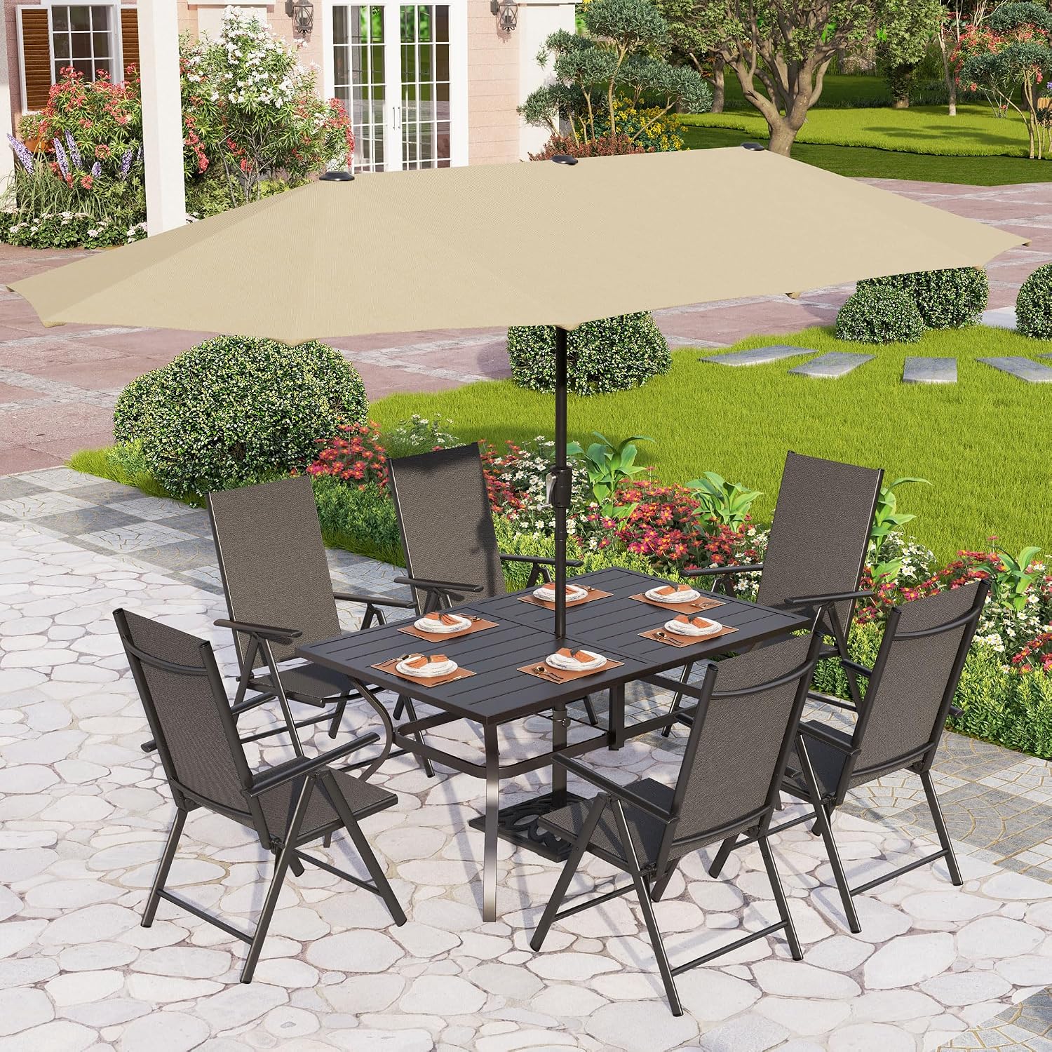 PHI VILLA 7 Piece Patio Dining Furniture Set with Umbrella, Outdoor Table and Chairs for 6, Foldable Patio Dining Chairs (Black) with Adjustable Backrest & Metal Dining Table for Garden, Deck