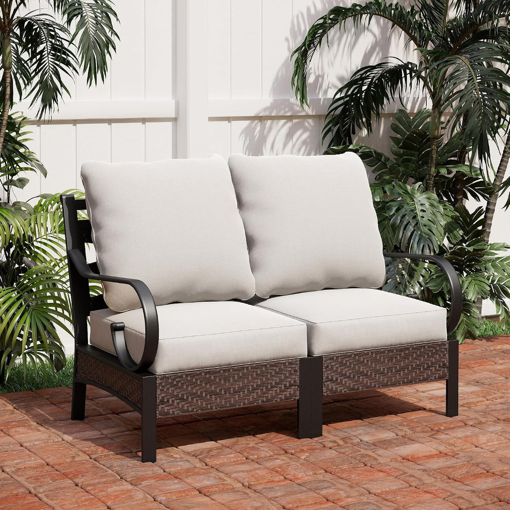 PHI VILLA Patio Sofa Outdoor Furniture, All-Weather Rattan & Metal 2 Seater Sofa with Cushions & Lumbar Pillows, Arm Lounge Loveseat for Patio, Balcony, Backyard, Deck, Poolside