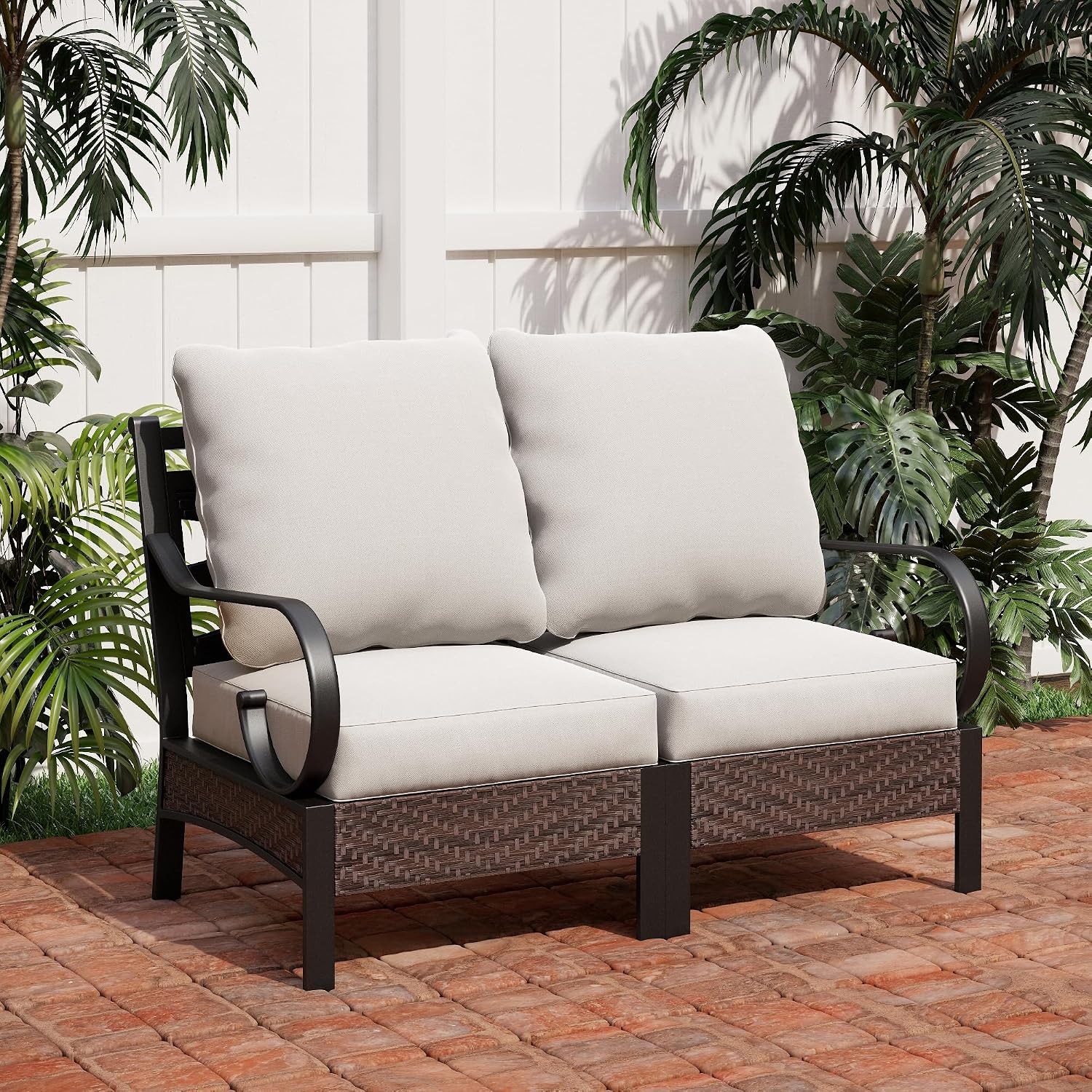 PHI VILLA Patio Sofa Outdoor Furniture, All-Weather Rattan & Metal 2 Seater Sofa with Cushions & Lumbar Pillows, Arm Lounge Loveseat for Patio, Balcony, Backyard, Deck, Poolside