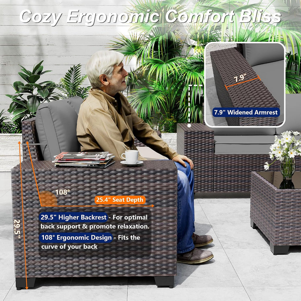 Outdoor Patio Furniture Set with Gas Fire Pit Table, 7 Pieces Patio Furniture Set Outdoor Sectional Sofa w/43in Propane Fire Pit, PE Wicker Rattan Patio Conversation Sets -Grey