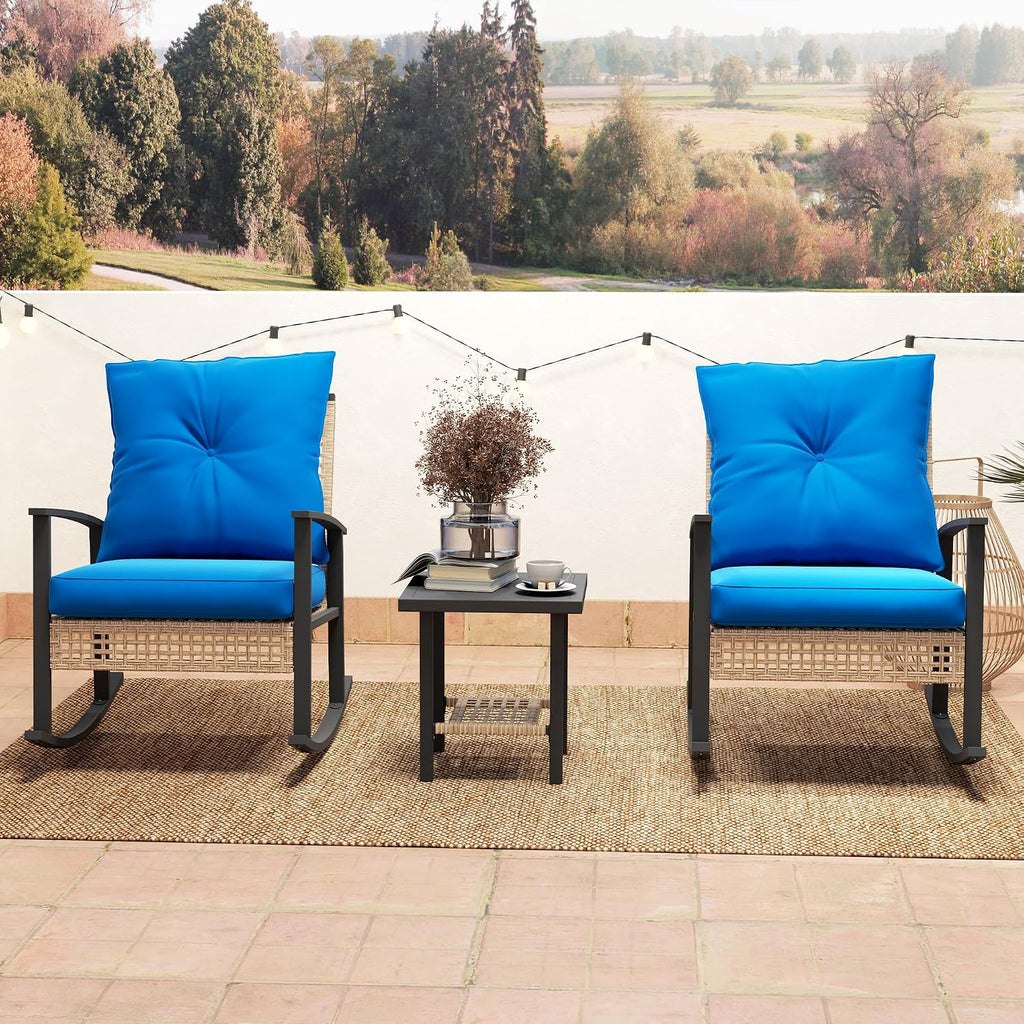Outsunny 3 Pieces Rocking Wicker Outdoor Bistro Set, Rattan Patio Furniture Set with Coffee Table and Porch Chairs, Button Tufted Cushions for Backyard, Balcony, Garden, Dark Blue