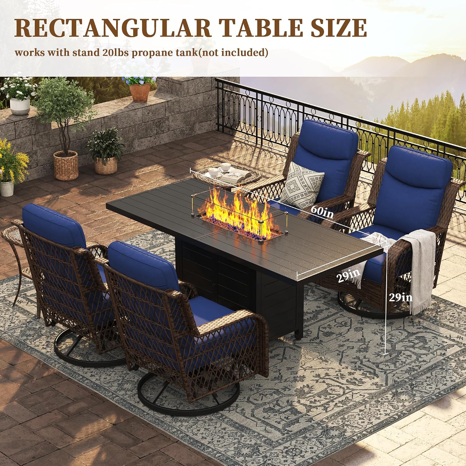 PIZZELLO 10 Piece Patio Furniture Set with 60' Propane Firepit Table, 6Pcs Outdoor Swivel Rocker Chairs with 3 Side Tables and Aluminum Gas Fire Table