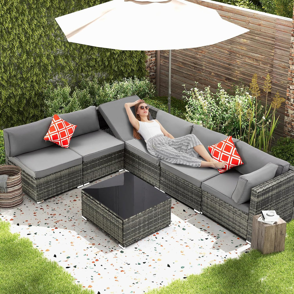 HOMREST 7 Piece Patio Furniture Set with Adjustable Bracket All-Weather Wicker Conversation Set with Coffee Table for Porch Garden Backyard (Gray)