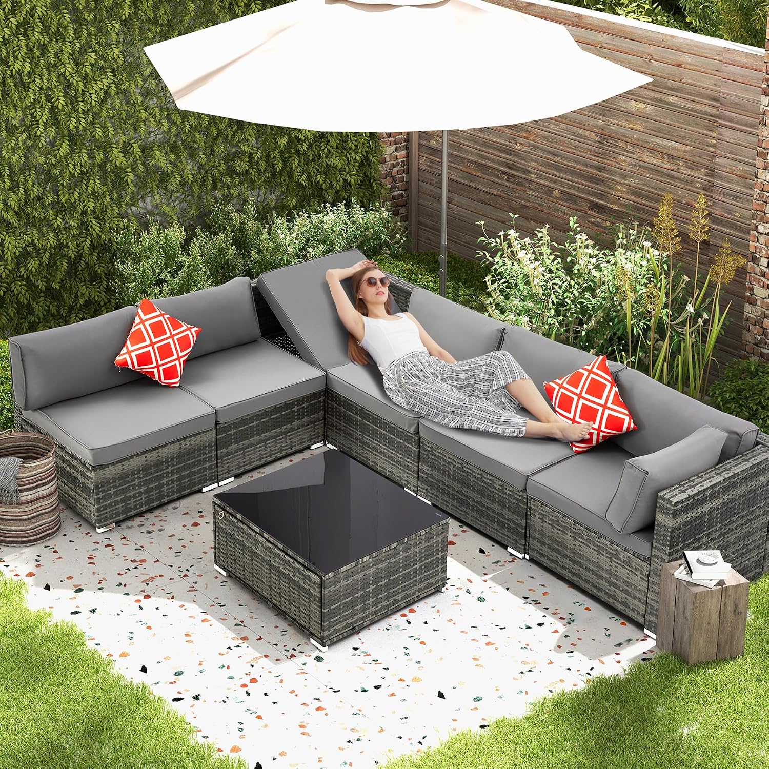 HOMREST 7 Piece Patio Furniture Set with Adjustable Bracket All-Weather Wicker Conversation Set with Coffee Table for Porch Garden Backyard (Gray)