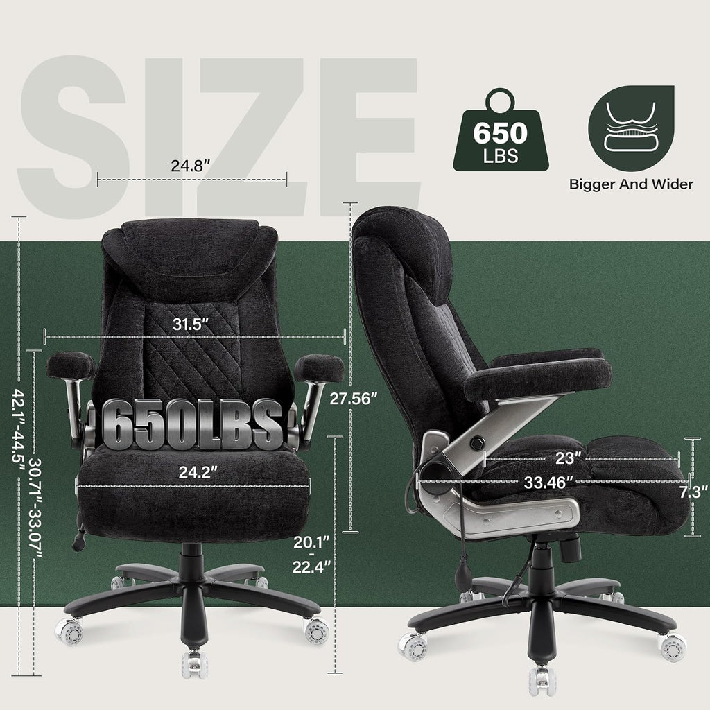 650lbs Big and Tall Office Chair with Thick Spring Cushion,5D Flip Arm Ergonomic Executive Office Chair Adjustable Lumbar Airbag&Extra Wide,Comfy Large Padded Heavy Duty Game Chair,Blackcloth