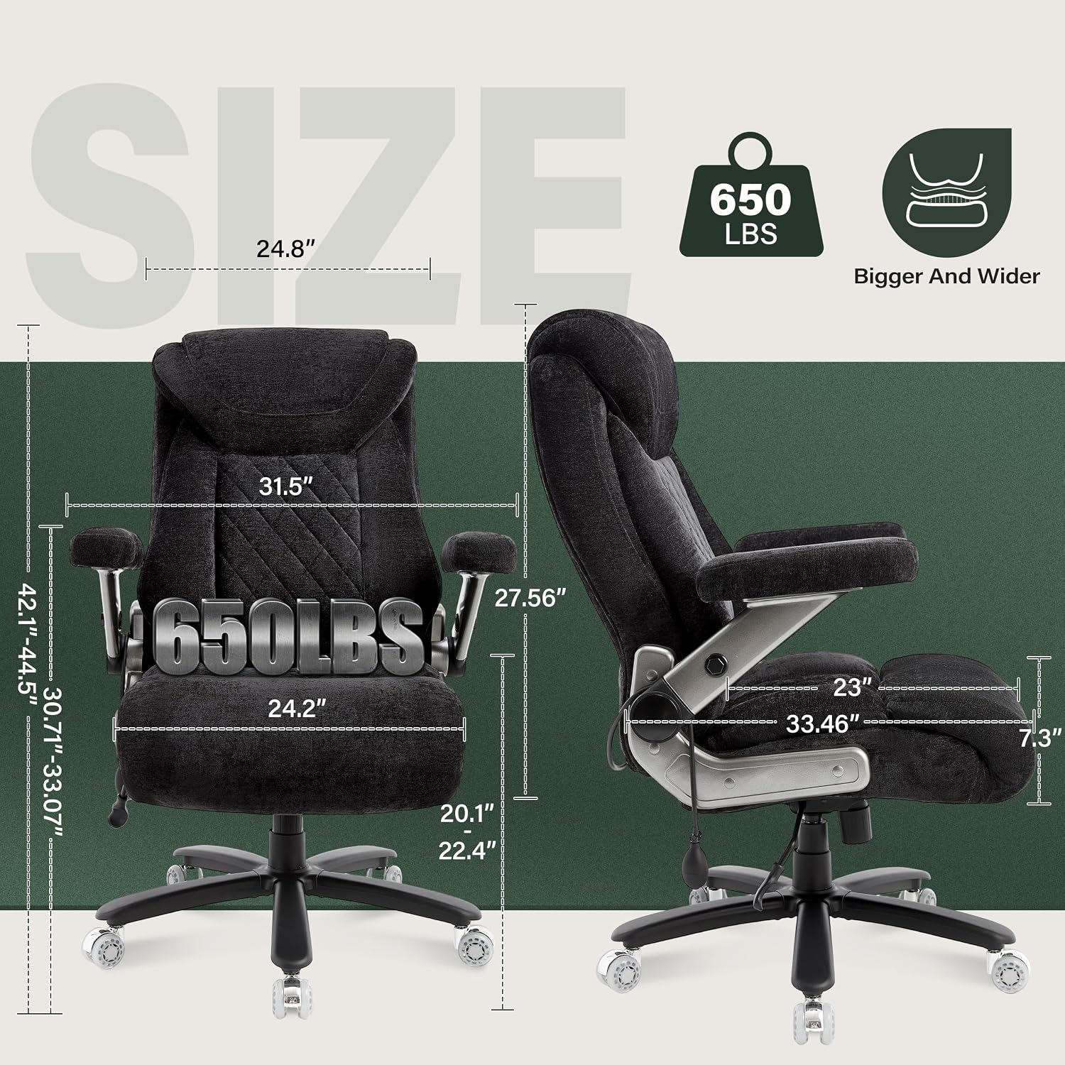 650lbs Big and Tall Office Chair with Thick Spring Cushion,5D Flip Arm Ergonomic Executive Office Chair Adjustable Lumbar Airbag&Extra Wide,Comfy Large Padded Heavy Duty Game Chair,Blackcloth