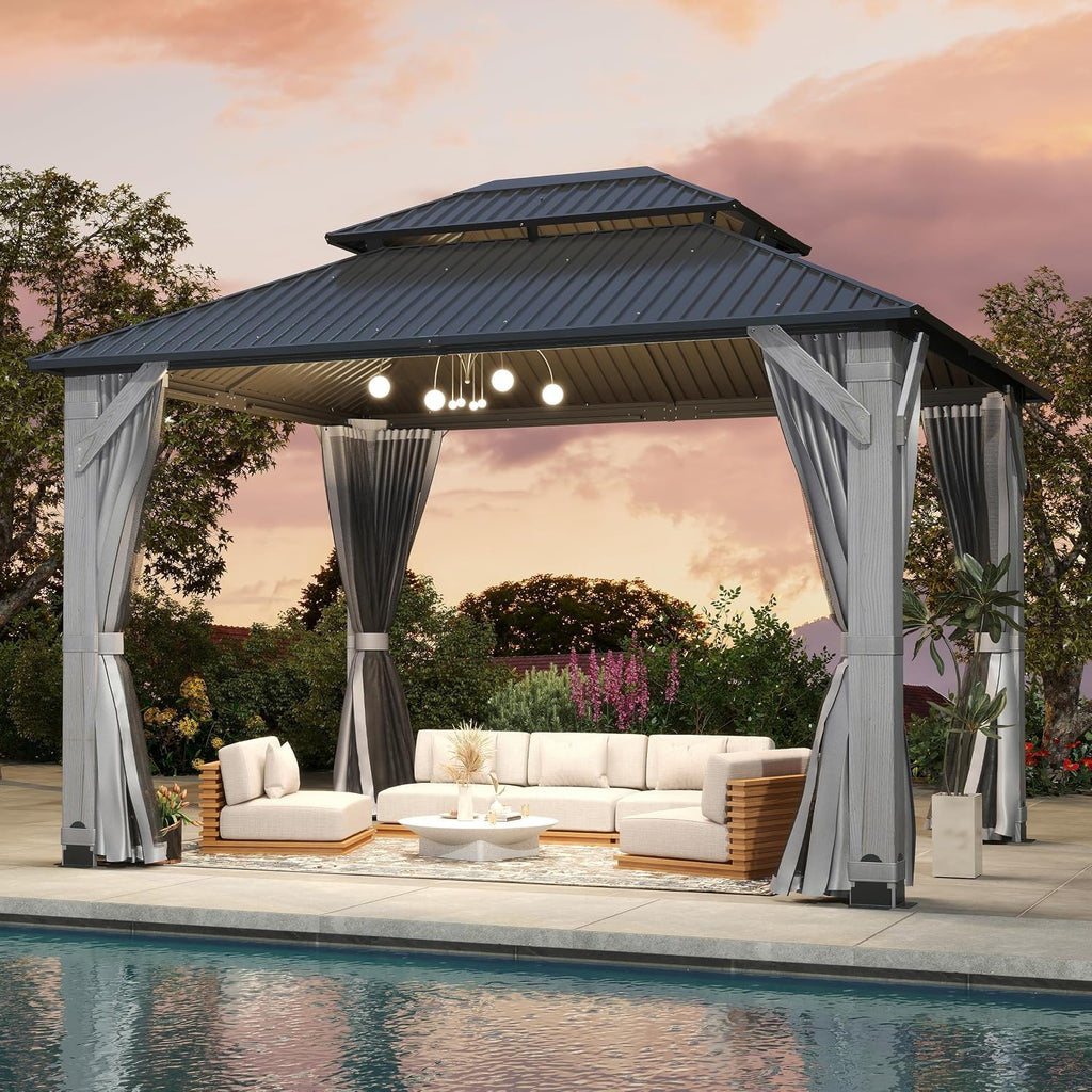 12x16FT Hardtop Wood Gazebo, Outdoor Gazebo with Cedar Wooden Pillar & Double Metal Roof - Weather-Resistant Gazebos Pavilion for Patio, Garden, Backyard (w/Netting & Gray Curtains)