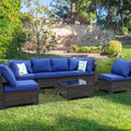7 Pieces Patio Furniture Set (Brown/Blue), All-Weather Outdoor Sectional Sofa with Anti-Slip Cushions & 2 Pillows, Conversation Set Perfect for Garden, Lawn, Deck