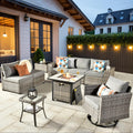 ovios 9 Pieces Patio Furniture Set, Outdoor Wicker Sectional Sofa with 30' Fire Pit Table Swivel Chair, Modern Modular Deep Seat Rattan Couch Conversation Sets, Dark Grey
