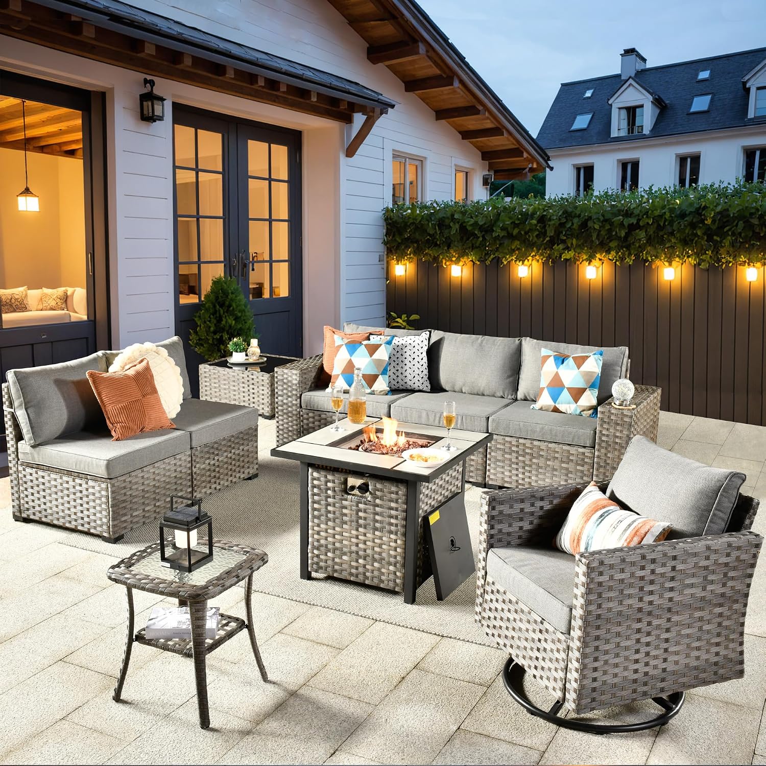 ovios 9 Pieces Patio Furniture Set, Outdoor Wicker Sectional Sofa with 30' Fire Pit Table Swivel Chair, Modern Modular Deep Seat Rattan Couch Conversation Sets, Dark Grey
